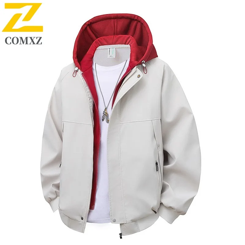 COMXZ 2025 Men Women Unisex Fake Two Piece Hooded Zipper Jacket Spring Autumn High Quality Chenille Loose Fit Coat