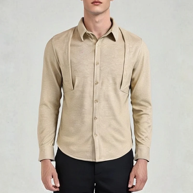 British Style Woolen Men's Dress Shirts Autumn Spring Lapel Long Sleeve Slim Fit Man Tuxedo Shirt Trendy Handsome Mens Clothing