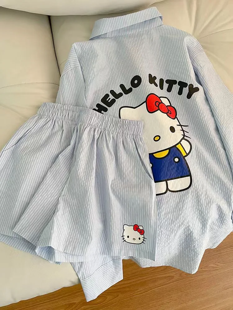 Sanrio Printed Long-Sleeved Pajamas Women Hellokitty Summer 2024 New Casual Shorts Set of Homewear Woman\'s Clothing Girl Gifts