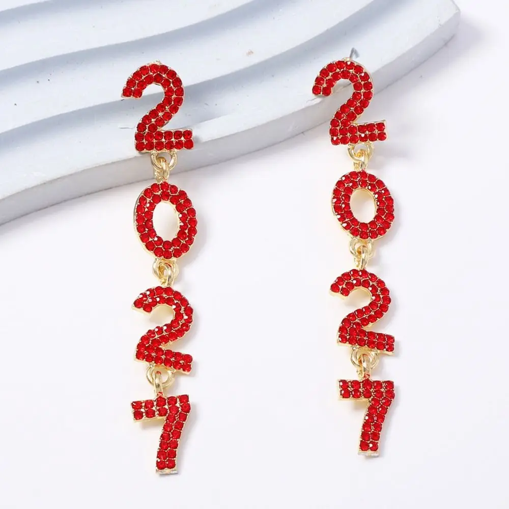 Fashion Pearl 2027 Digital Earrings Zircon Shiny Happy New Year Earrings Rhinestone Long Drop Christmas Stud Earrings Daily