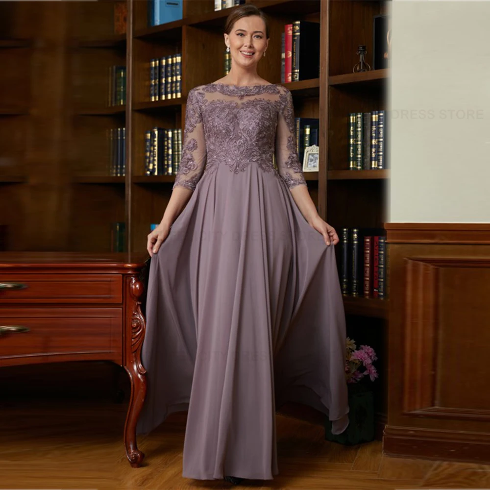 Classic Wedding Guest Dresses A-Line Scoop Illusion Mother of the Bride Dress 2023 Lace Pleated Floor-Length Long Evening Gowns