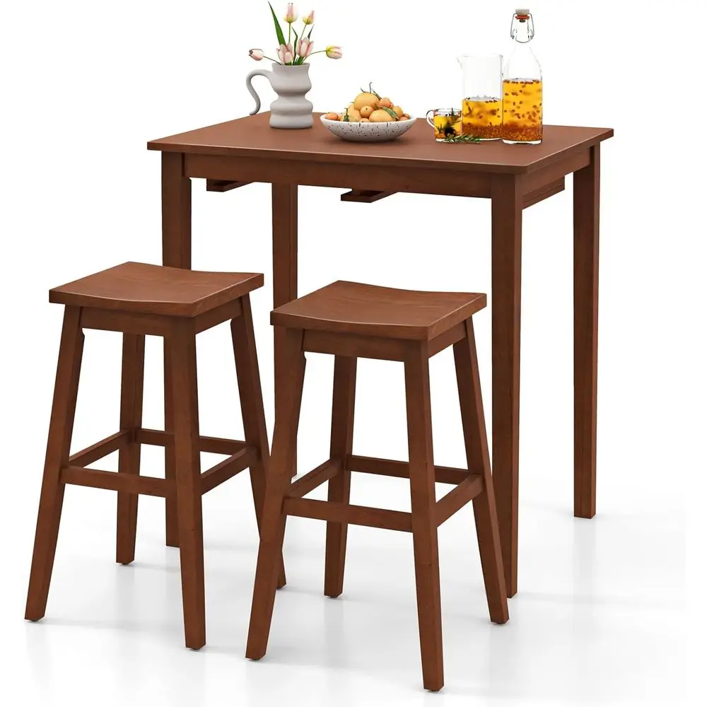 

Bar Table Set, Wooden Bistro Set w/Pub Table and 2 Saddle Stools, Bar Chairs Under Counter Height Table, Space-Saving Dining Set