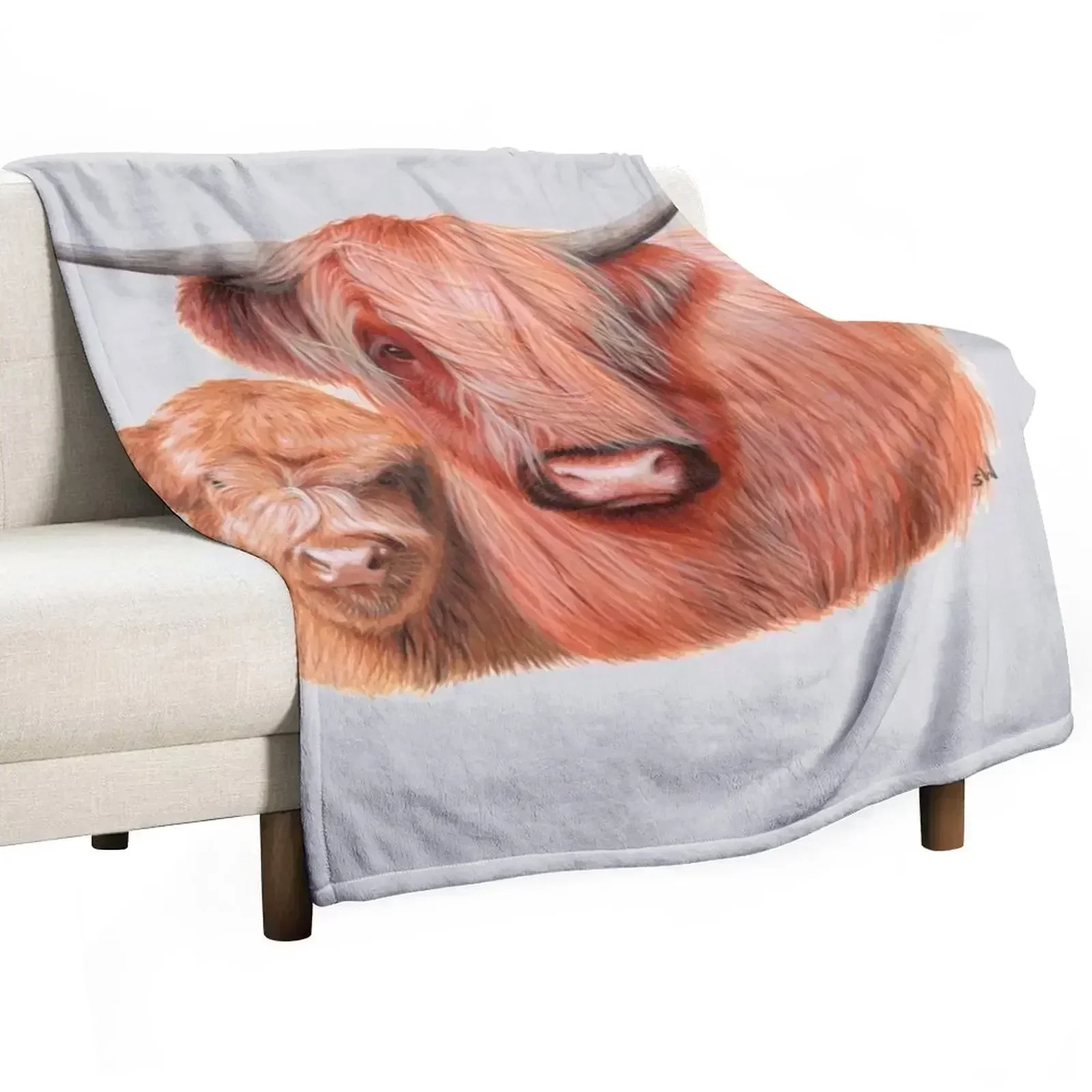 

Highlander Cow with Calf-g Throw Blanket Easy Care Comfortable Blanket for Couch