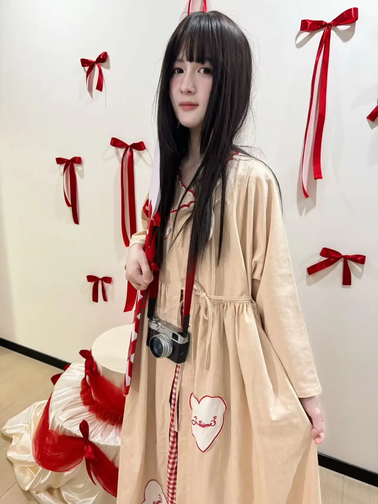 

Pure Linen irt Coat with Lace Belt French Love Language Peach Color Artistic Sle Women's Spring Autumn Long Sve Coat