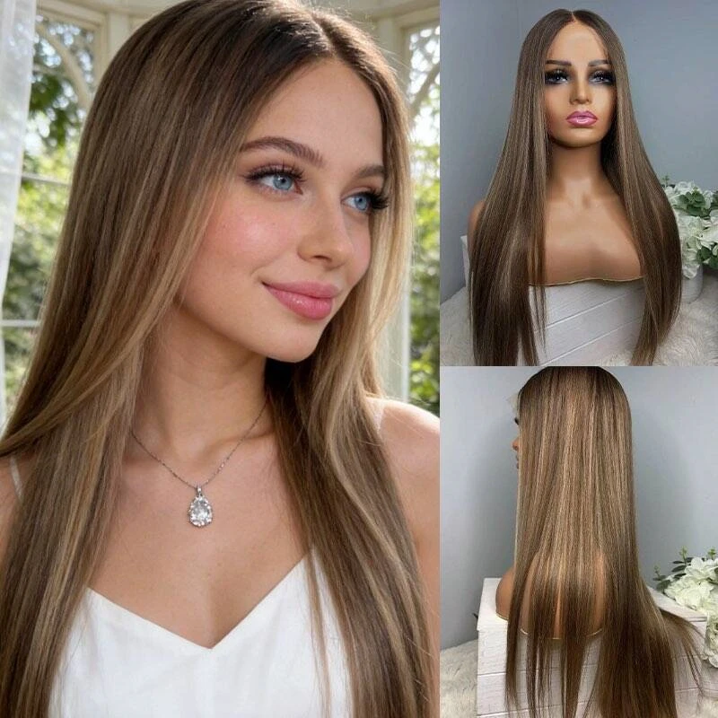 Long Straight Wig Ombre Brown Blonde Synthetic HD Lace Front Wig with Roots Natural Preplucked Hairline Human Hair Blend Wigs