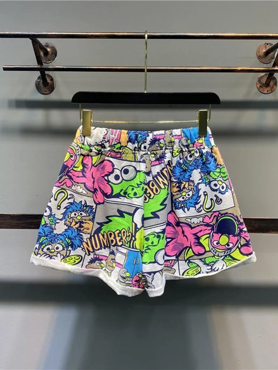 plus Size 300 Pou Faion Cartoon fiti Wide Leg orts Women Summer Slimming Loose Casual Pants High Waist Dyed Pants