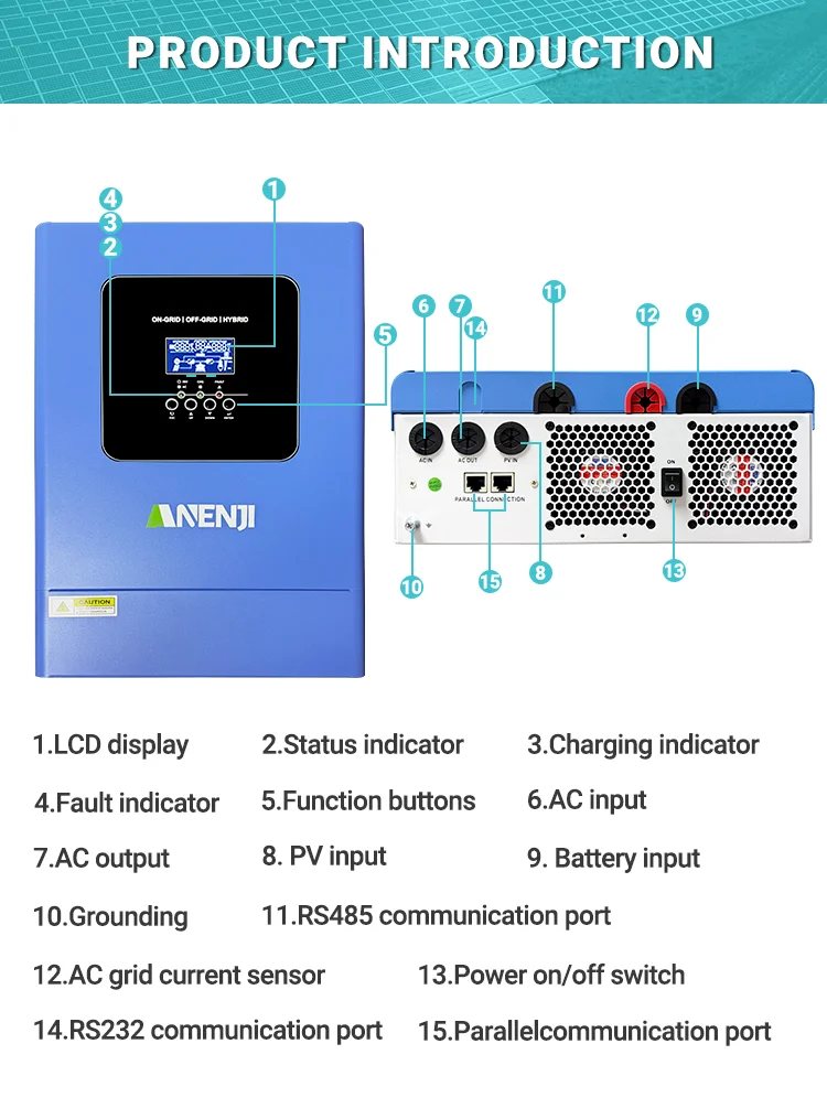 ANENJI 6,2 kW Wechselrichter 48 V Hybrid-Solar-Wechselrichter Parallel On Off Grid Reine Sinuswelle MPPT120A Solarladegerät für Solarpanel PV – Detail 12