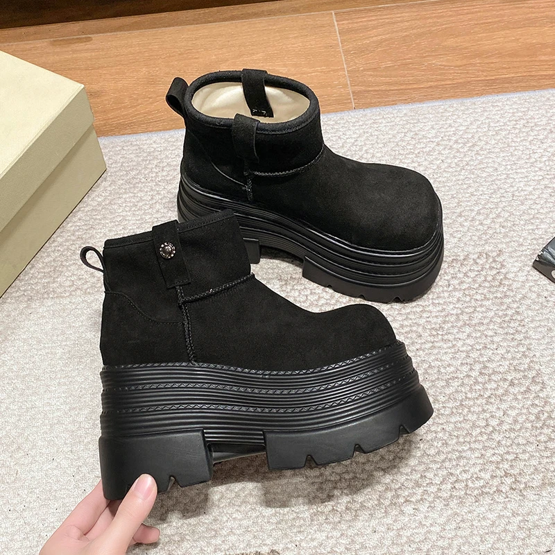 Women Snow Boots Non-slip Winter Warm Plush Short Boots Thick Fur High Platform Ankle Boots 10CM Suede Leather Chunky Sneakers