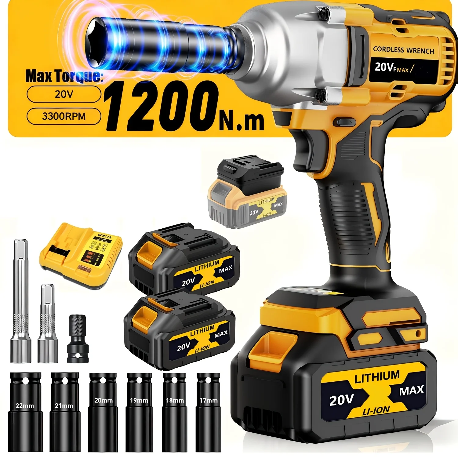 

20V Cordless Impact Wrench 1200Nm 3300RPM Brushless Motor, Variable Speed Control, Ideal for Auto Repair, Car, Home Upgrades, Professional Workshops, Construction Household Maintenance Holiday Gift for Dad/Husband