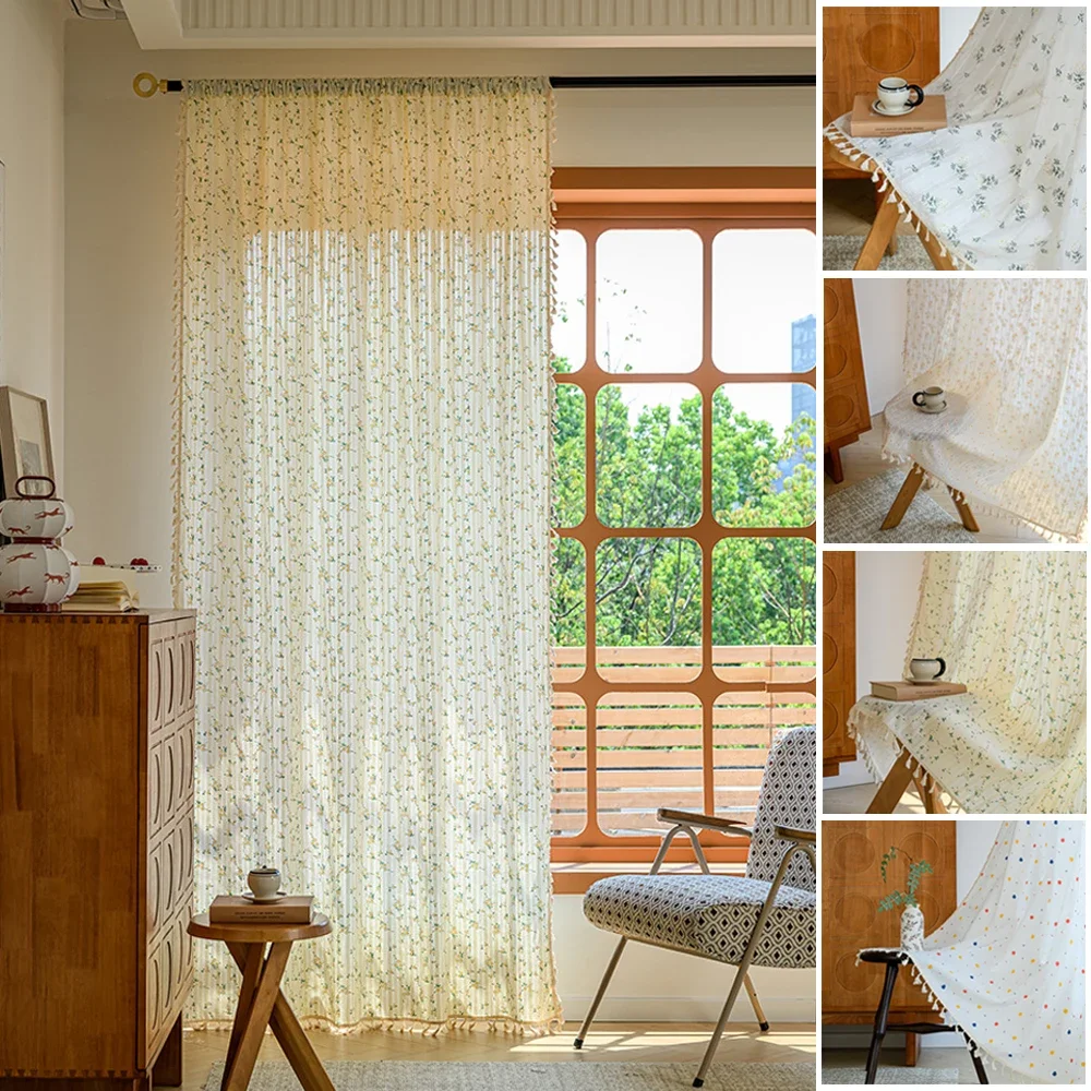 

Rainbow Little Dessert Cotton Curtain Hand Sewn Fringe Curtain Blackout Road Pocket Embroidered Curtains for Living Room Bedroom