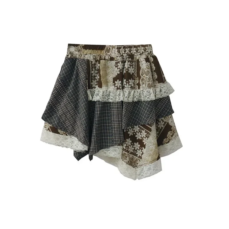 SALIENCY College Asymmetrical Skirt Women Summer Forest Vintage Plaid Patchwork Lace-Trim Floral Print Mini Skirt Female Saia