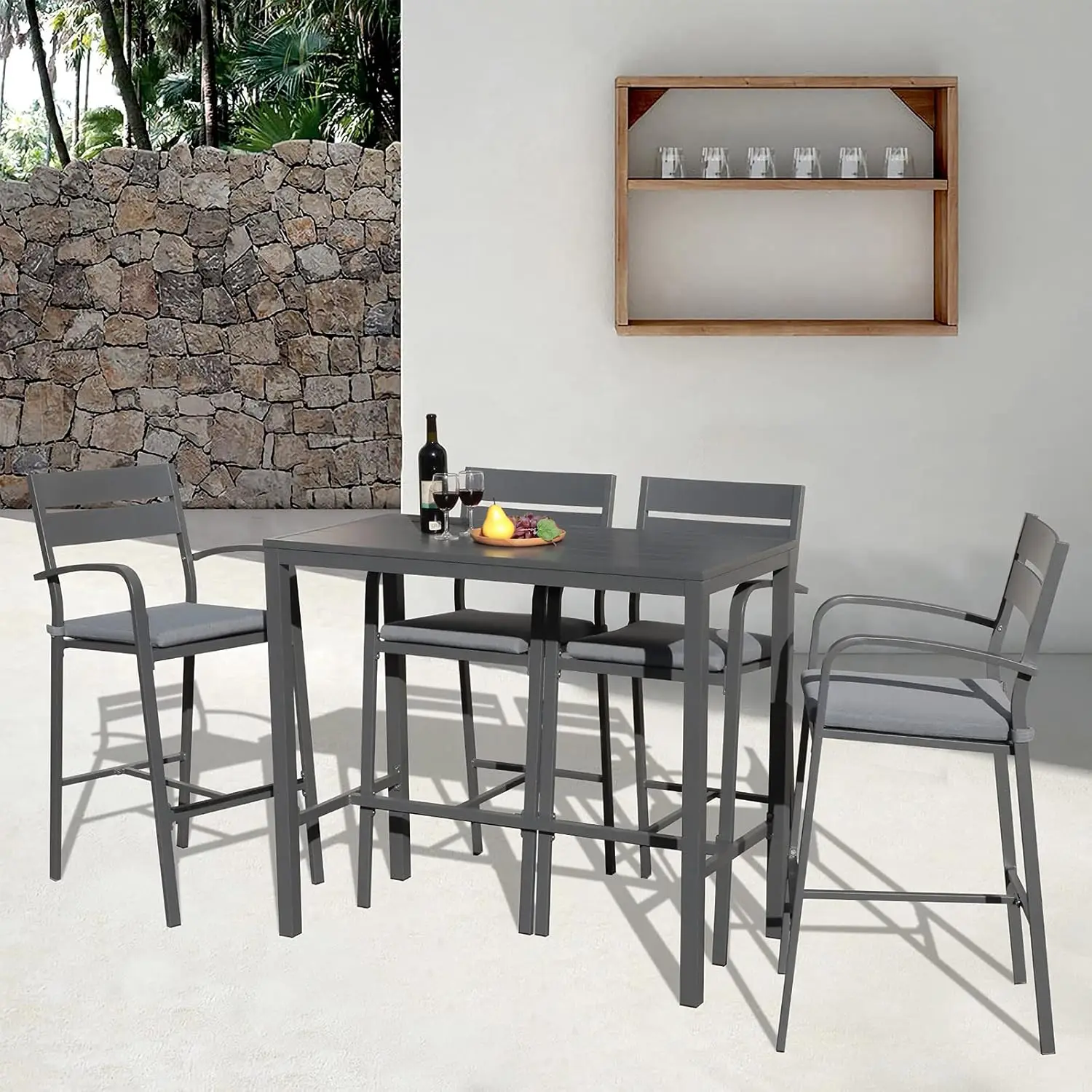 

Outdoor Aluminum 5-piece Bar Set, Dining Bistro Pub Set, Patio Bar Height chairs with CushionSlatted High