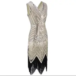 Great Gatsby Flapper Costume Black Gold   Women Party Dress 1920s Vintage Sequin Fringe Robe 20S Roaring Prom V Neck Vestido