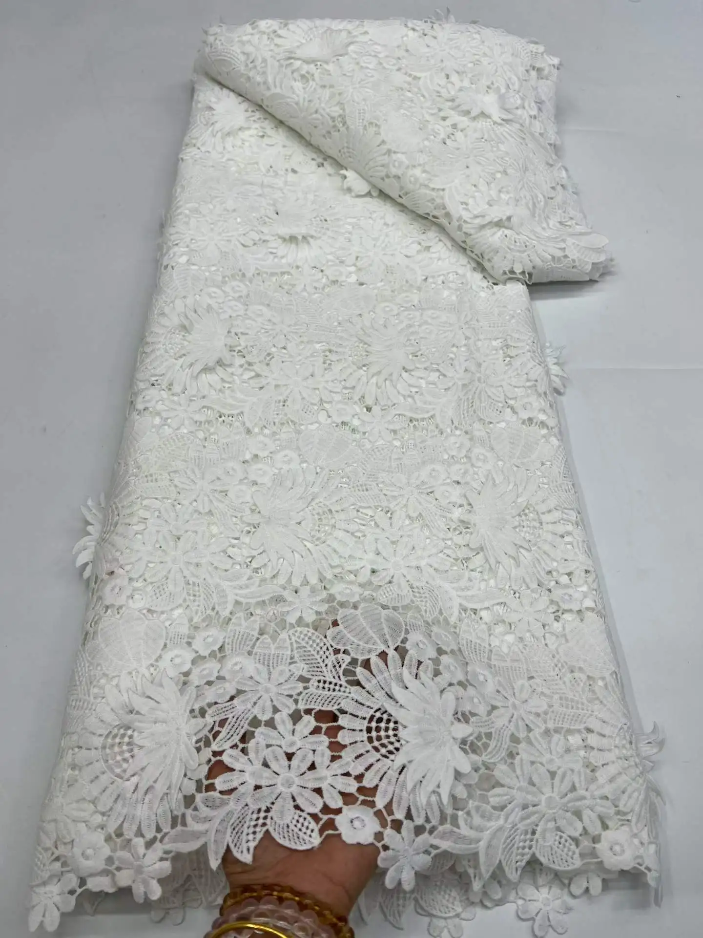 

White Guipure Cord Lace Fabric with Sequins High Quality Bridal Lace Material for Nigerian Wedding Dresses 2026
