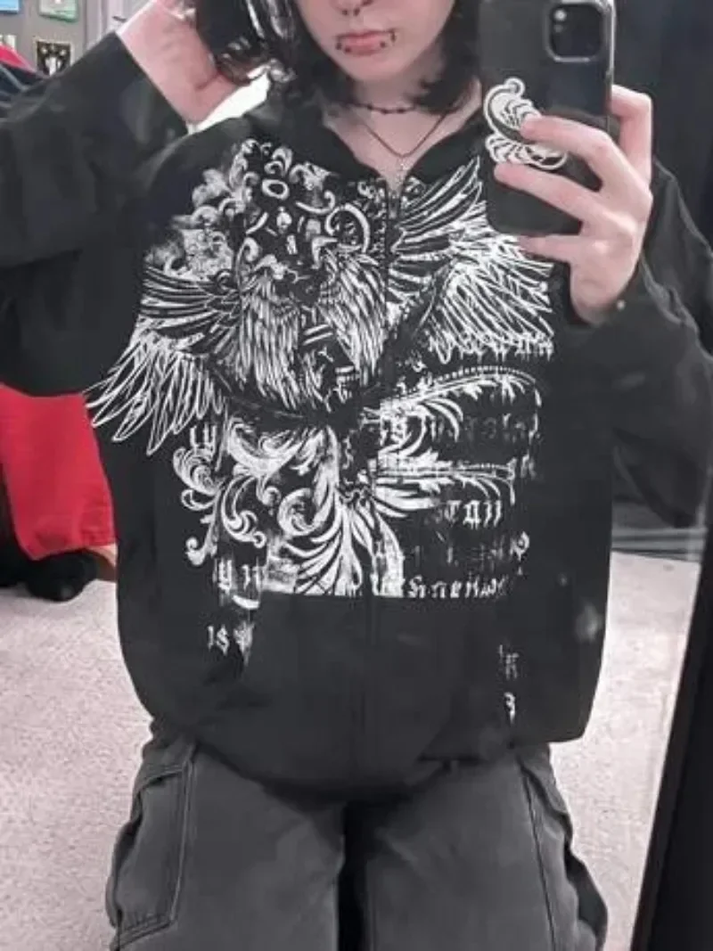 Y2k Casual Vintage Gothic Fashion Print Zip Up Hoodies Streetwear Hip Hop Harajuku Coats Loose Hooded Sweatshirt Women Kpop