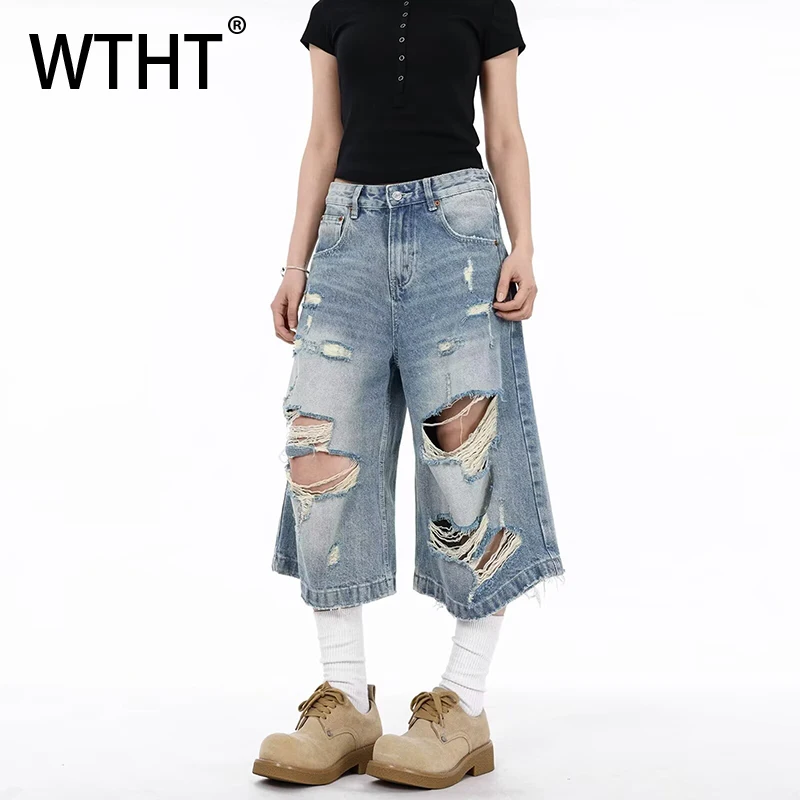 

WTHT винтажные мужские шорты с дырчатыми краями, старые джинсовые шорты, модные летние прямые повседневные короткие брюки в американском стиле 2025 года, ma