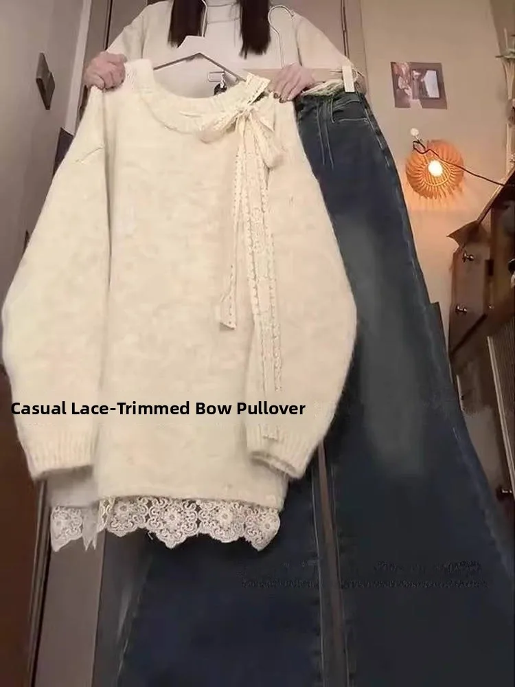 

Кружевной наряд подружки невесты, женский осенне-зимний свободный вязаный топ и джинсы с высокой талией, комплект из двух предметов, повседневная мода