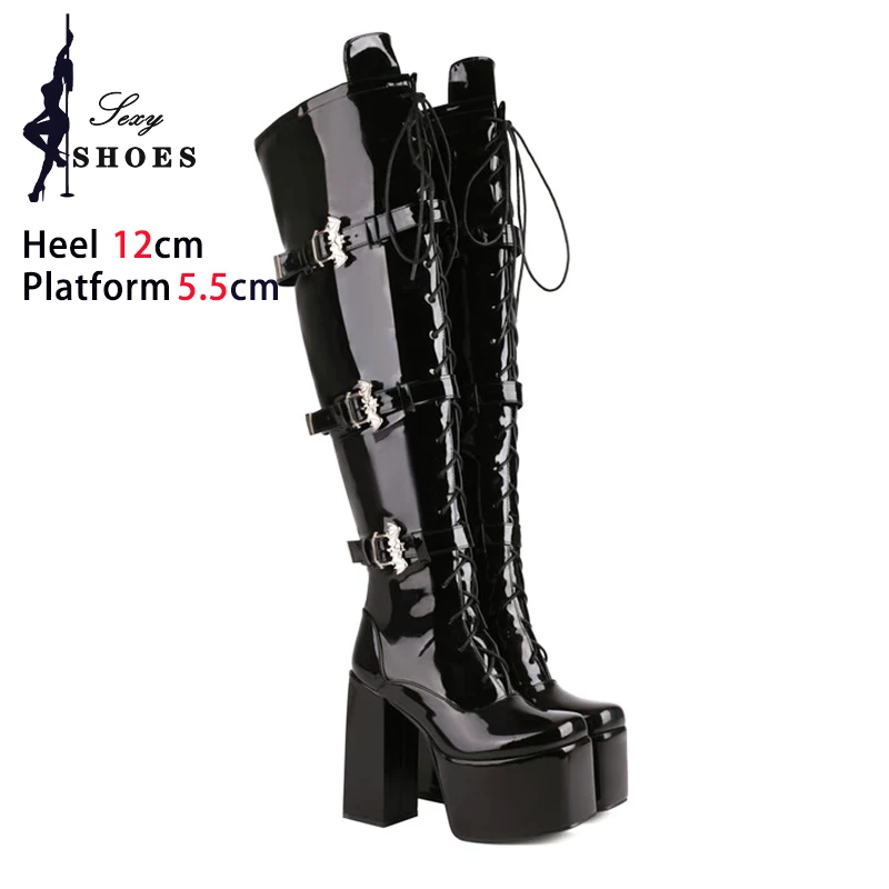 Gothic Style Over-the-Knee Boots Women Thick Platform Winter High Heels 12cm Chunky Heel Lady Shoes Black Thigh High Boots 2024