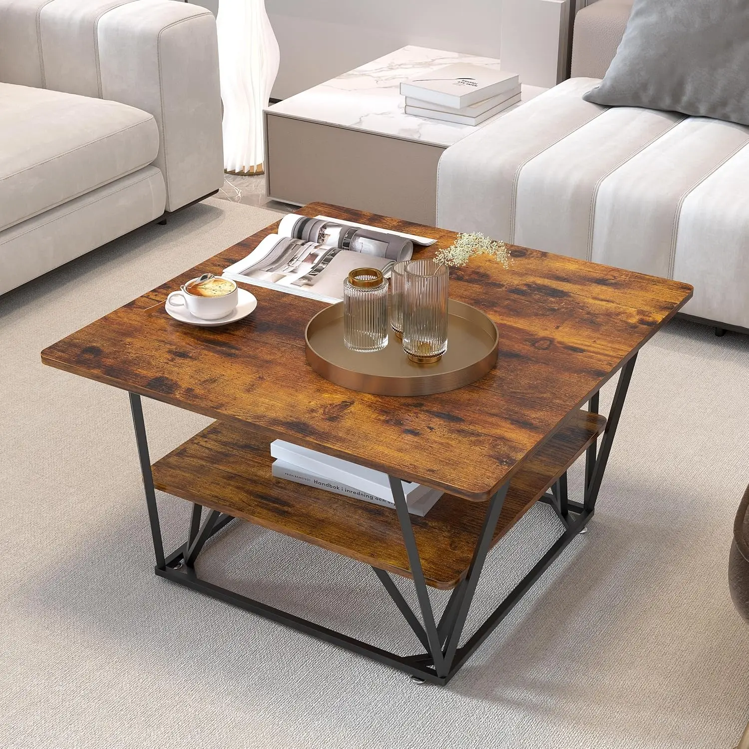 Elephance Square Coffee Table For Living Room, 31.5 Inch Modern Coffee Table With Storage, 2-Tier Caramel Brown Coffee Table,