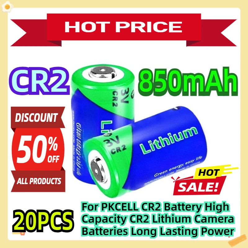 

For PKCELL CR2 Battery High Capacity CR2 3V 850mAh Lithium Camera Batteries Long Lasting Power 20Pcs