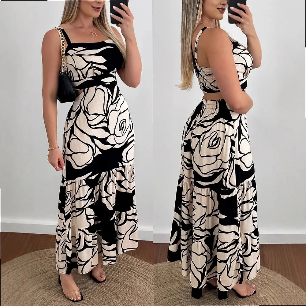 Women's Rose Print Hollow Out Strappy Sundress Summer Dresses Jumpsuit Playsuit Matching Set