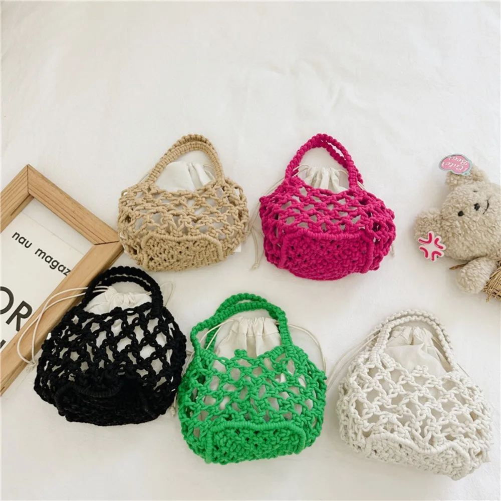 New Summer Beach Bag Cute Woven Small Basket Hollow Out Children\'s Handbag Trendy Funny Straw Woven Bag with Drawstring