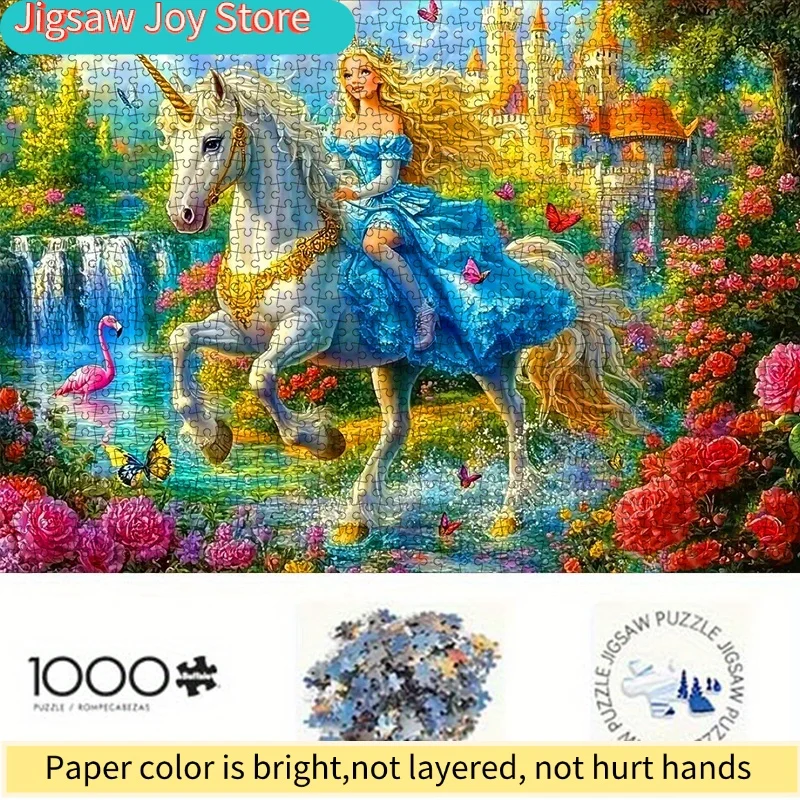 

1000pcs Unicorn Princess Jigsaw Puzzle - DIY Fairy Tale Castle Scene with Vibrant Floral Background, Blue Dress & Golden Crown
