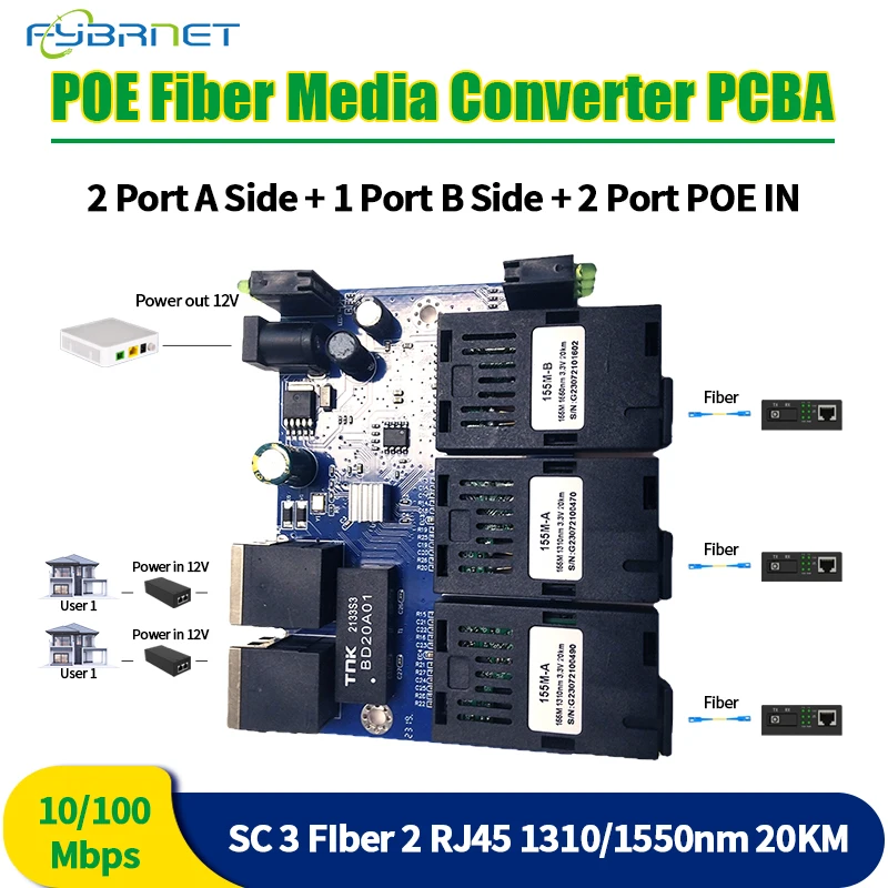 3 Fiber 2 RJ45 155MBPS placa metro switch PCBA Fibra Optic Media Converter 20km Board Support RPOE Simplex SC Fiber Switch board