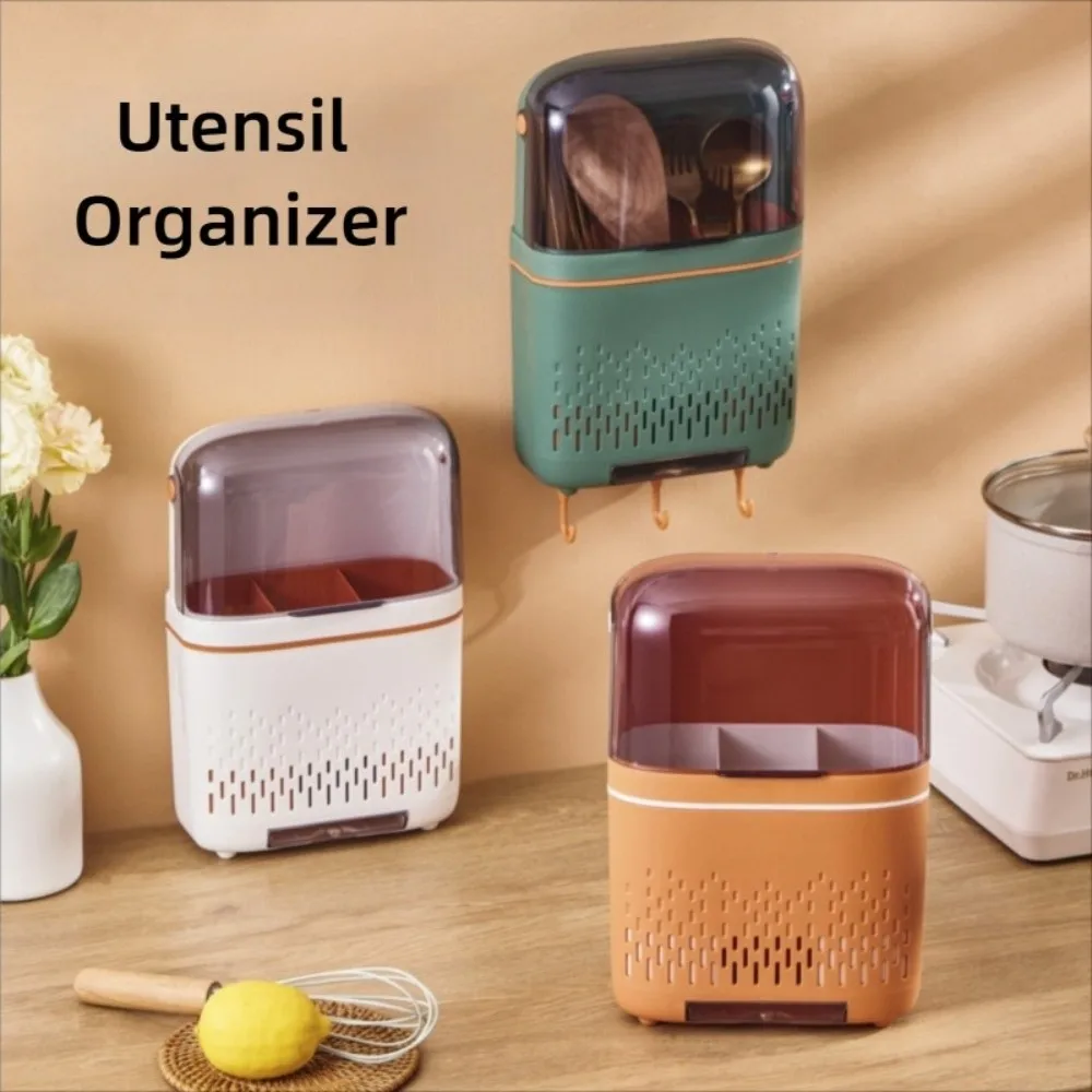 

Wall-Mounted Utensil Organizer No Punching Flip Top Spoon Fork Chopstick Storage Box Dustproof Cutlery Drain Rack with Cover