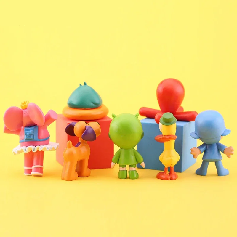 7 sztuk/zestaw Kawaii Pocoyo zabawka w kształcie zwierzątka ptak kaczka słoń lalka zabawka Model scena ozdoby Anime Cartoon śliczne figurki z pcv zabawki