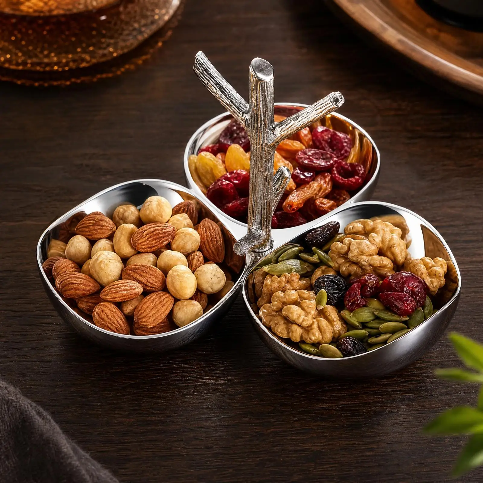 Modern Industrial Tray Three Section Serving Bowl with Tree Branch Handle for Party Appetizers and Nuts