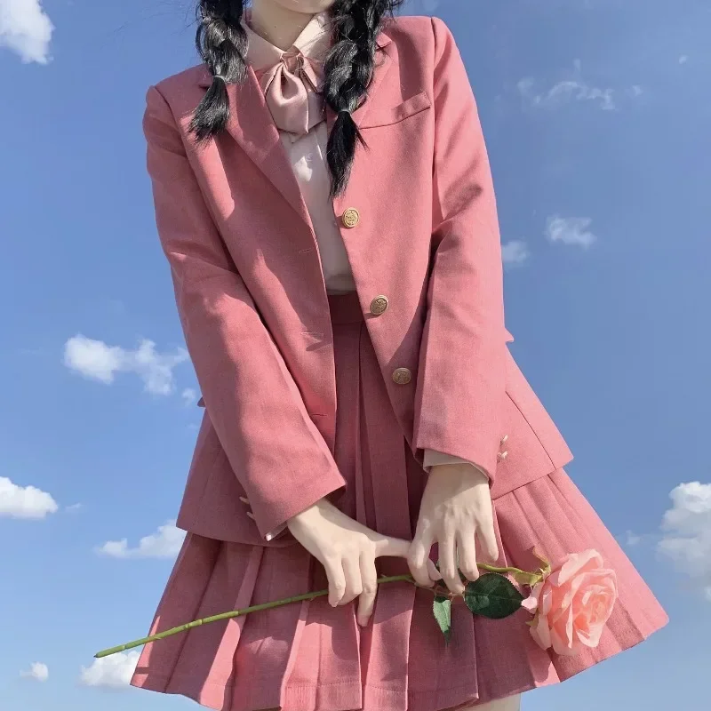 Chaqueta de manga larga con botones de Metal rosa para mujer, minifalda plisada, uniforme escolar, lindo vestido coreano, otoño