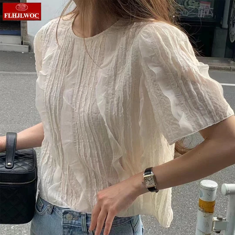 

Short Shirts Cute Summer Korea Chic Tops Blusas Fashion FLHJLWOC Design Preppy Style Girls Women Fungus Ruffles Blouses