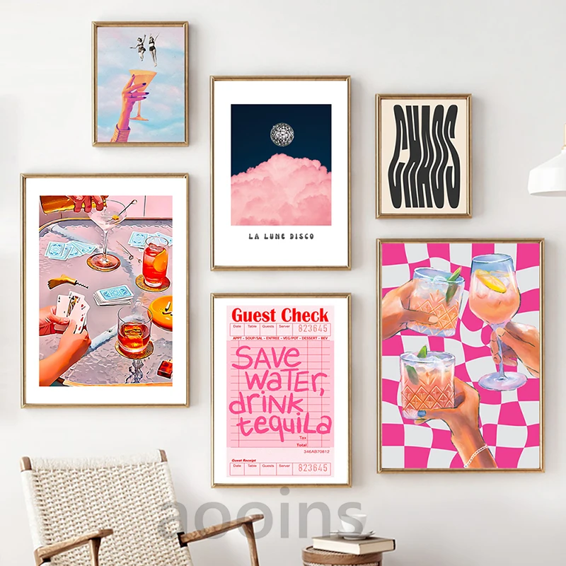 Retro Cocktail Trendy Wall Art Prints Pink Playing Cards Poster Vintage Disco Canvas Painting Preppy Dorm Teens Room Wall Decor