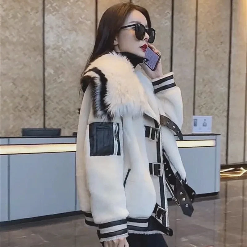 Winter Cashmere Lambswool Fur Jacket Women Outwear New Autumn Lamb Fleece Coats Fashion Loose StitchingWarm Parker Coat Top