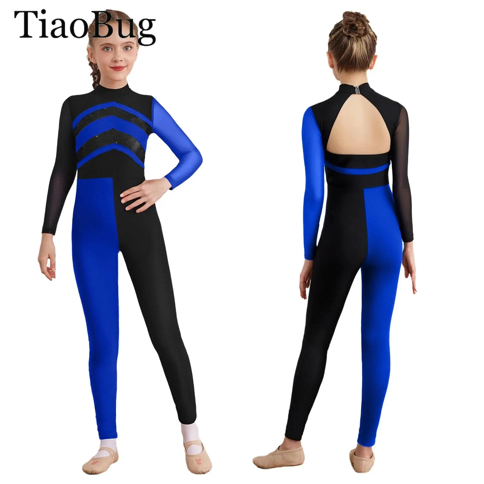 

Kids Girls Gymnastics Leotard Jumpsuit Shiny Sequin Color Block Figure Skating Costume Sheer Mesh Long Sleeves Ballet Bodysuit