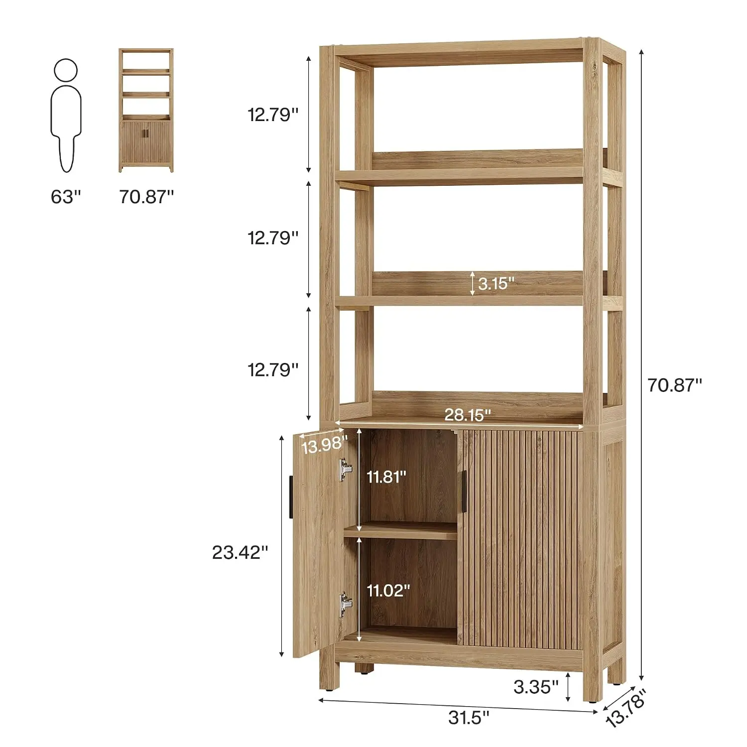 Tall Wooden Bookshelf with 3-Tier Open Shelf & Door Cabinet, 70.9