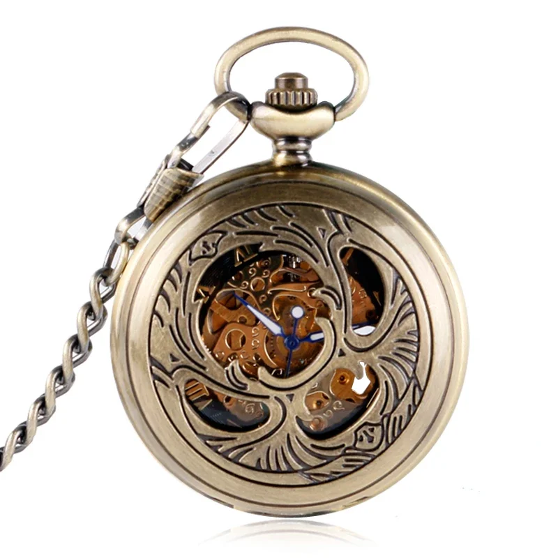 Bronze Hand-wind Mechanical Pocket Watch for Men Women Hollow Phoenix Design Roman Numeral Dial with Pendant Chain Clock