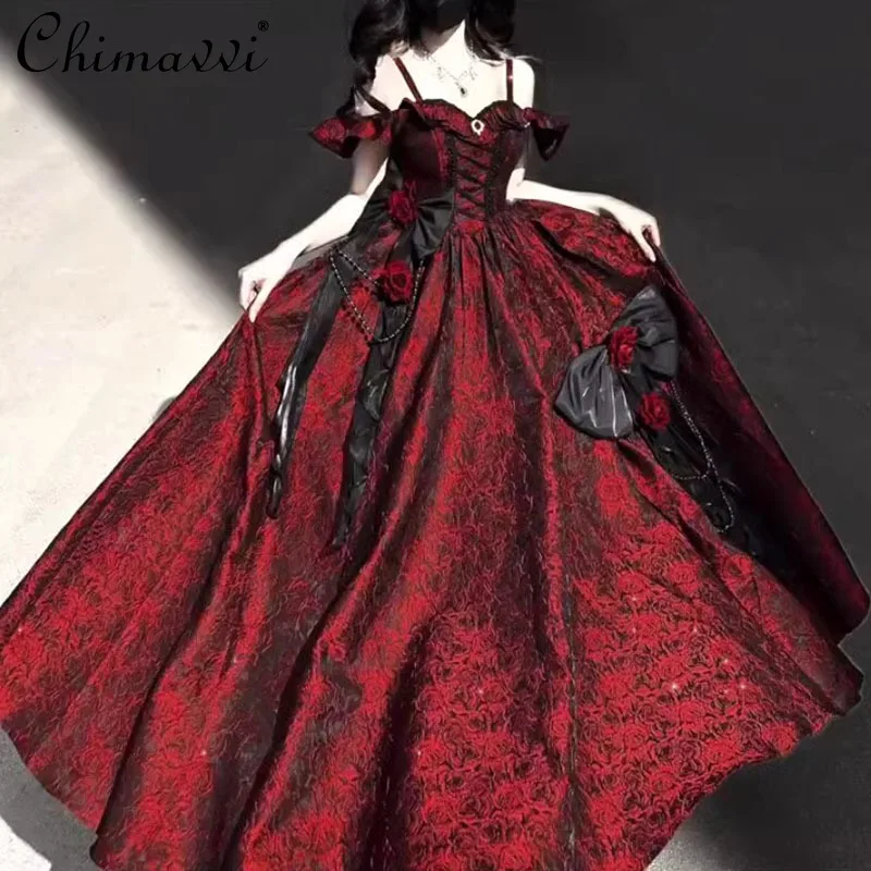 Preto e vermelho lolita flor casamento lindo vestido de aniversário lolita elegante princesa cintura alta elegante festa vestido longo feminino