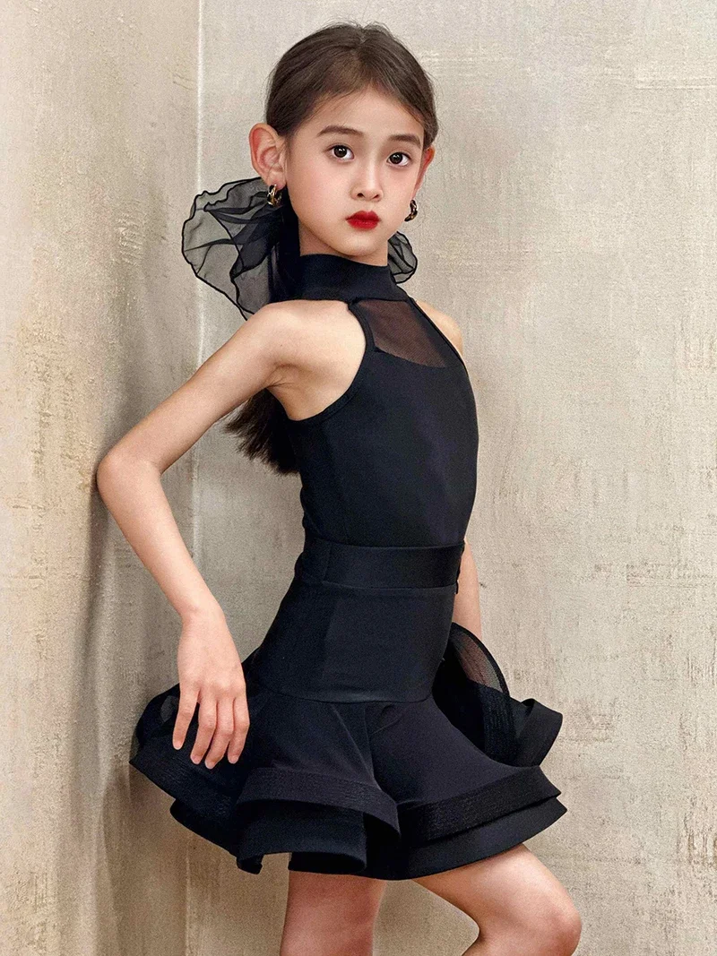Robe d'entraînement de danse latine pour enfants, body en maille sans manches et jupe Double couche en arête de poisson, vêtements de danse pour salle de bal Samba