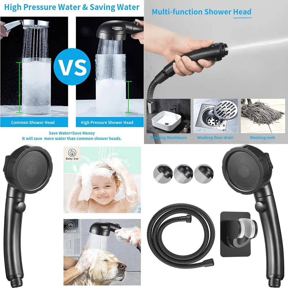 Hogedruk handdouchekop met pauzeschakelaar, 3 modi, waterbesparend, zwart, inclusief beugel en slang