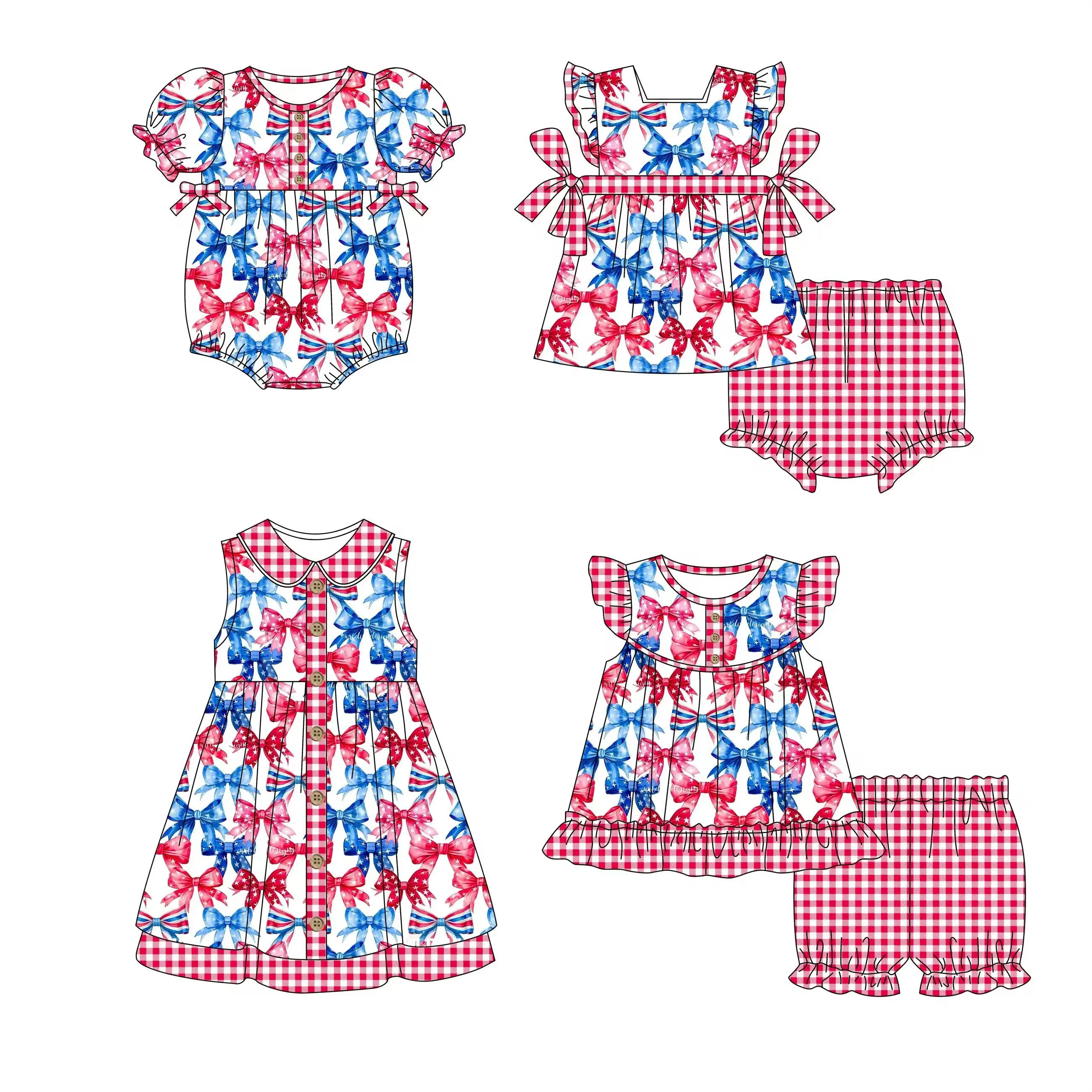 July 4th Boutique Girls Pearl Lace Flag Bow Print Shorts Set Square Neck Bow Elastic Kid Romper - Baby Outfit Collection