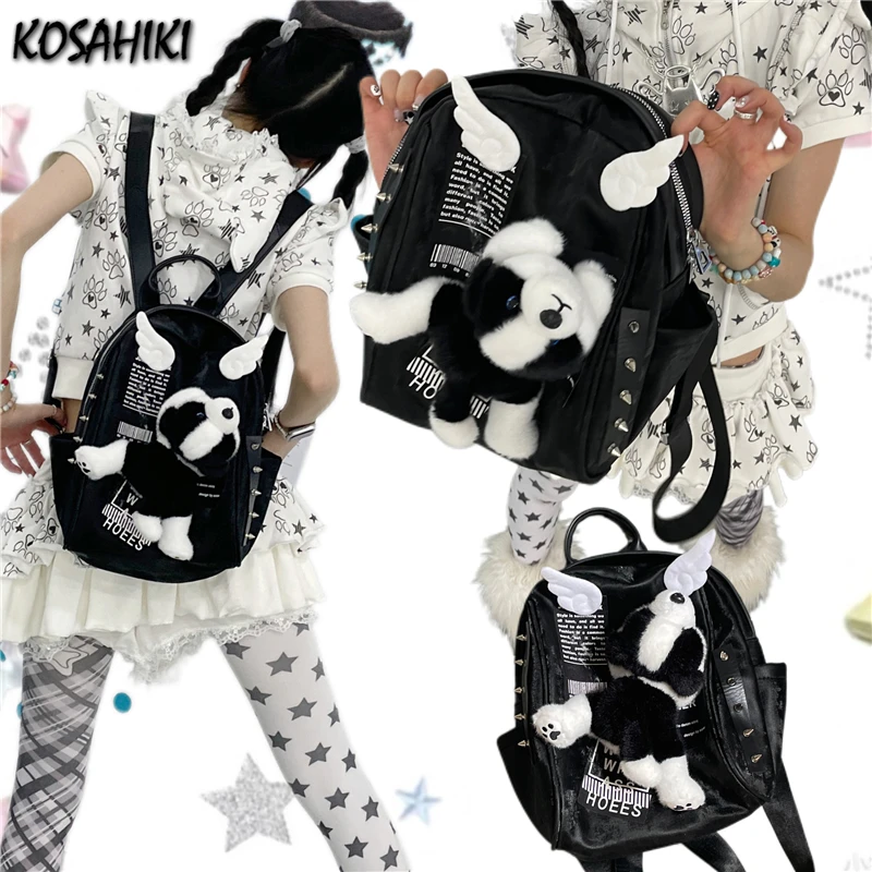 

Japanese Kawaii Cute Wings Rivet Schoolbags Sweet Y2k Aesthetic Girls Backpacks All Match Fashion Chic Fluffy Dog Bags for Women