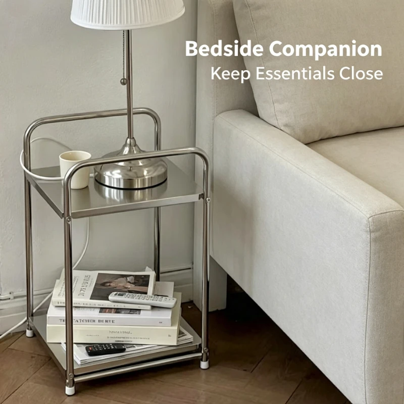 Stainless Steel Bedside Table 2 Tier Open Shelf Nightstand Modern Minimalist Bedroom Storage Rack For Lamp Books Decor