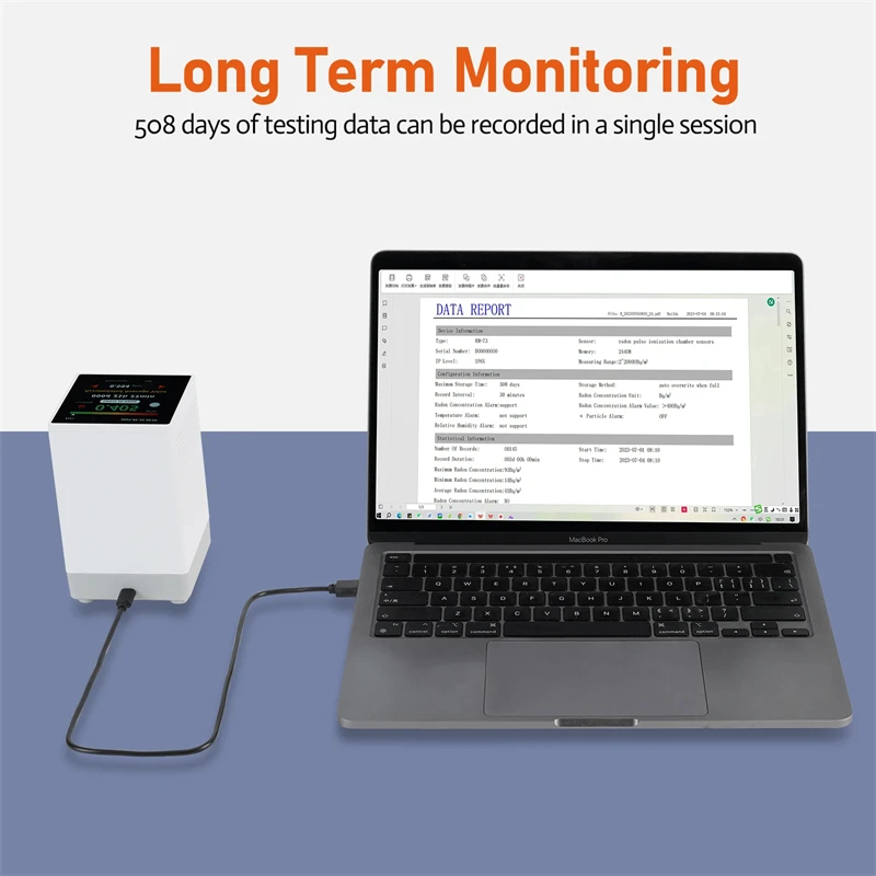 كاشف الراديون شاشة تعمل باللمس مراقبة الغاز متر شاشة LCD ملونة إنذار مسموع ومرئي pCi/L أو Bq/m3 ± 10% دقة تقرير PDF