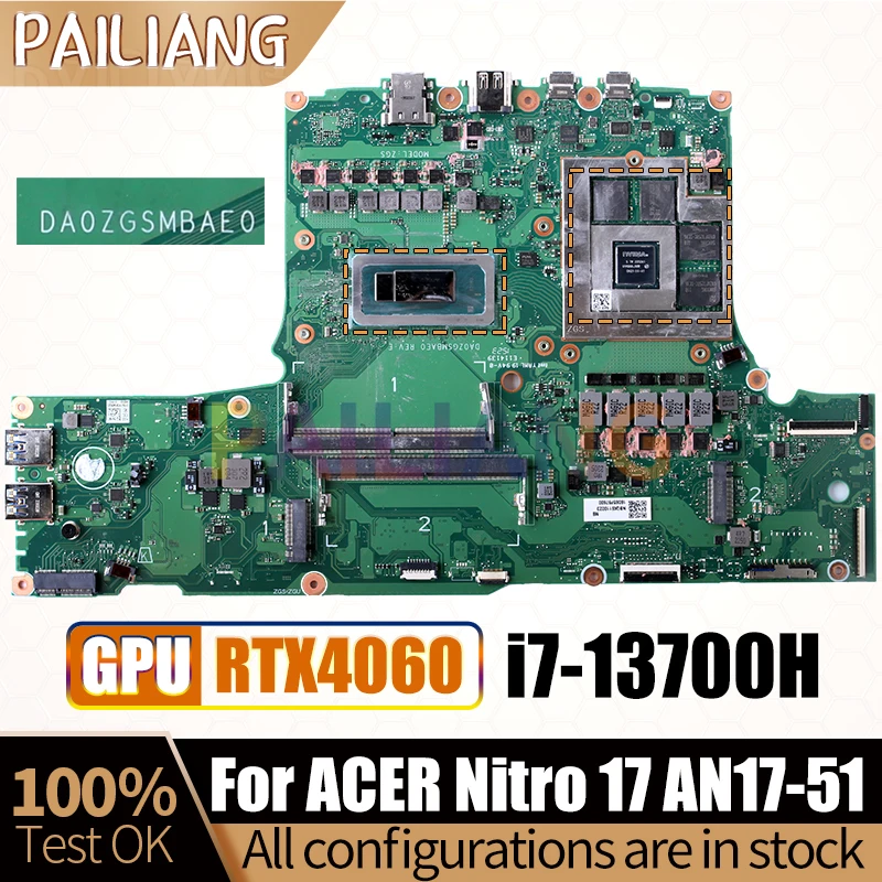 For ACER Nitro 17 AN17-51 Notebook Mainboard DA0ZGSMBAE0 SRMJ1 i7-13700H RTX4060 8G GN21-X4-A1 Laptop Motherboard Full Test