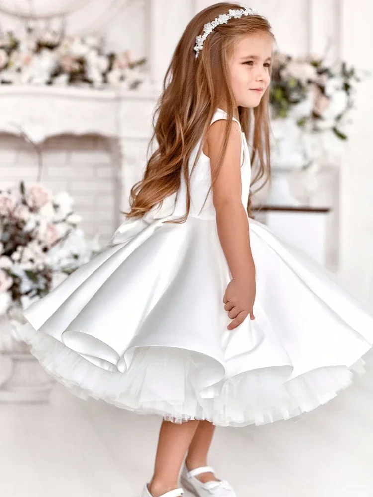 Vestidos de flores para niña, vestidos de desfile para niña, satén blanco con lazo sin mangas para boda, fiesta de cumpleaños, banquete, vestidos de princesa