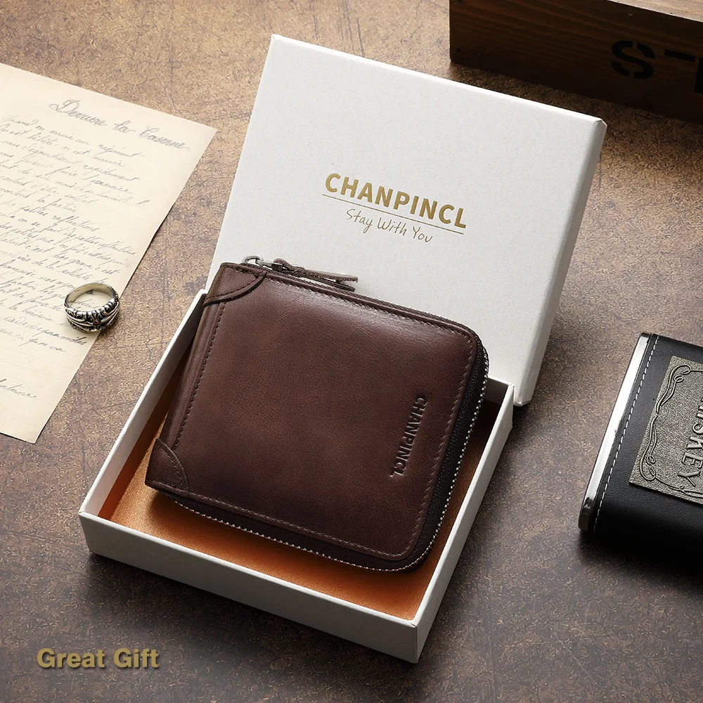 【Genuine Cowhide Leather】CHANPINCL Brand Men's First Layer Zipper Retro Male Transverse Card Holder Multifunctional Purse Wallet