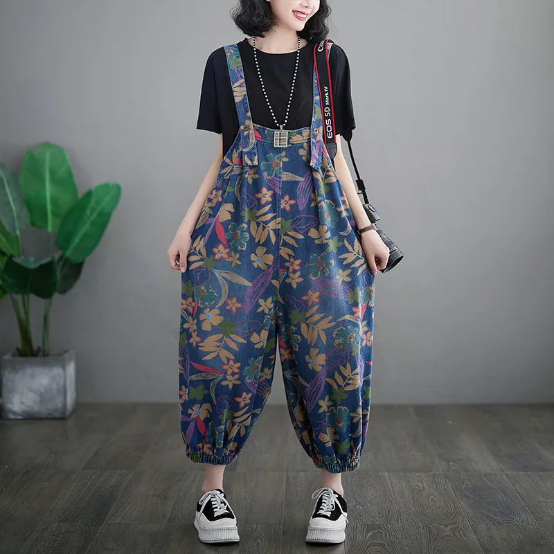 

2024 Summer new casual printed Suspender jumpsuits women clothing plus size Literature and art fashiom loose Wide leg pants