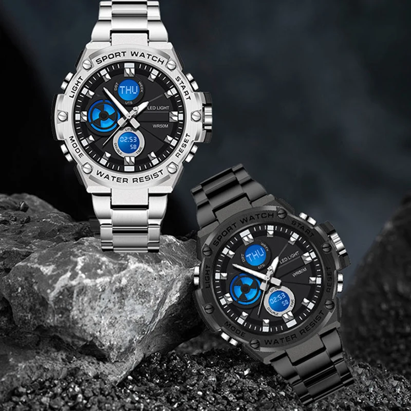 Brand Luxury Sports Quartz Chronograph Casual Waterproof Dual Display Watch Men's FOXBOX Stainless Steel Watch Military